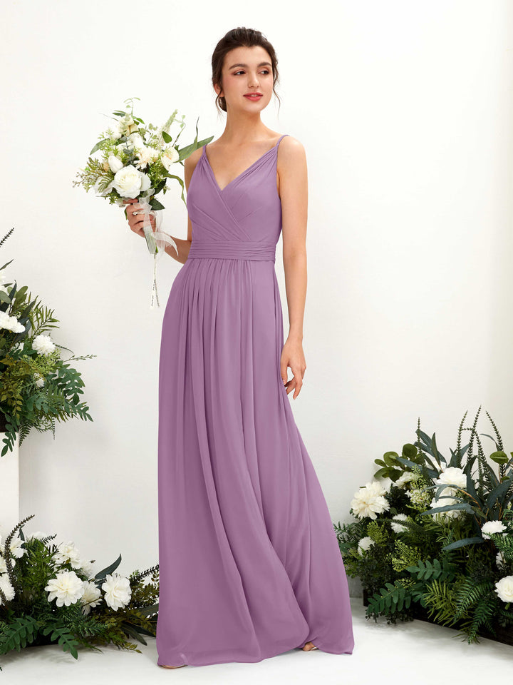 Spaghetti-straps V-neck Sleeveless Bridesmaid Dress - Orchid Mist (81223921)