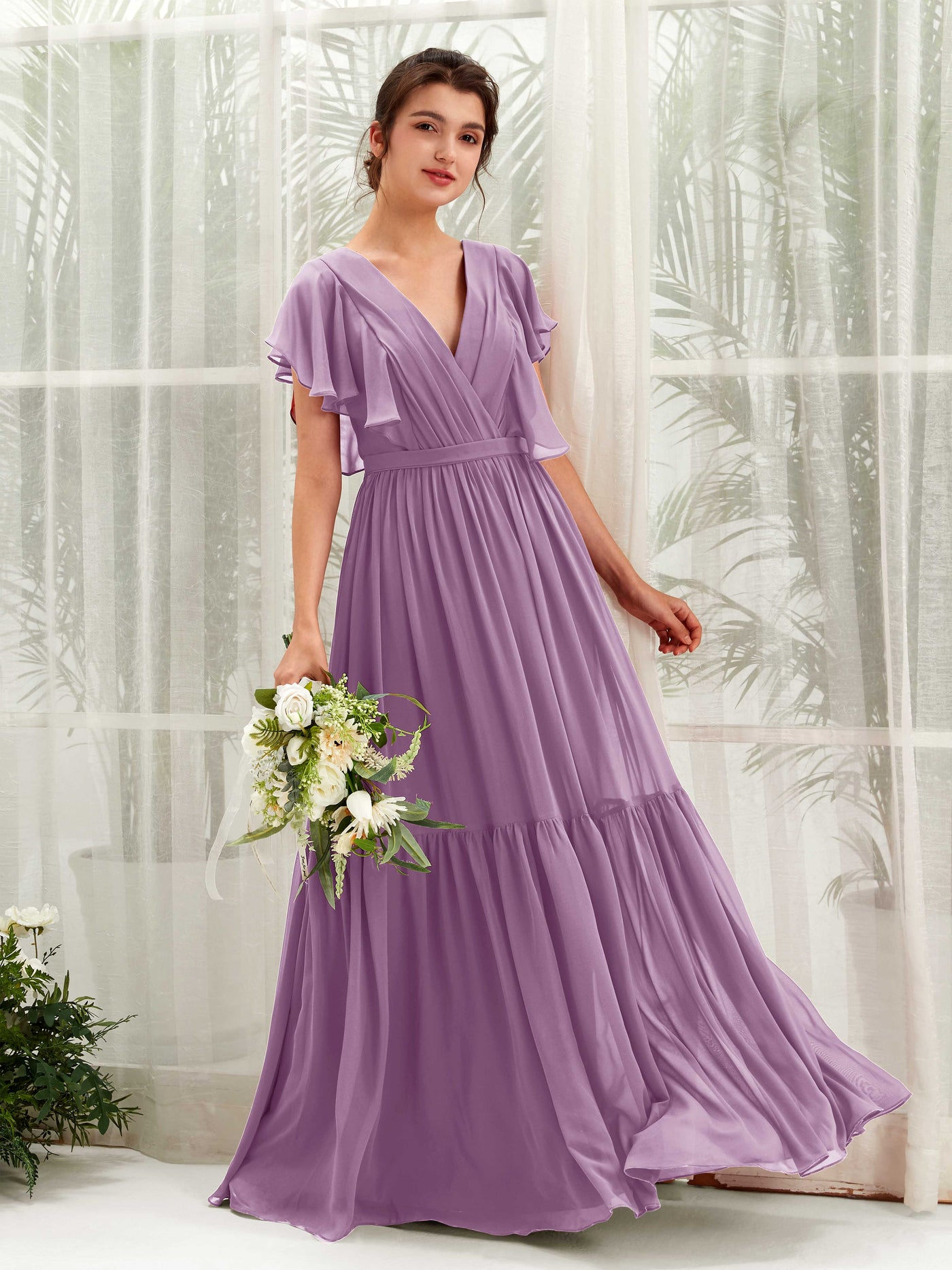 V-neck Cap Sleeves Chiffon Bridesmaid Dress - Orchid Mist (81225921)#color_orchid-mist