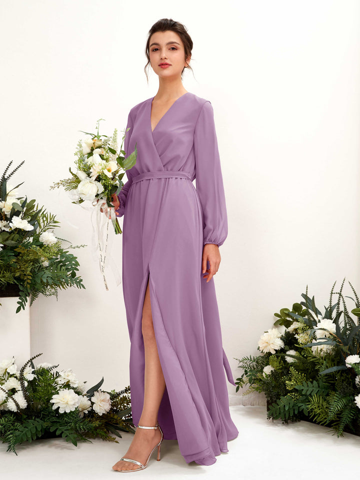 Carlyna Elsie A-Line Orchid Mist Bridesmaid Dress Maxi Long Sleeve V-Neck  