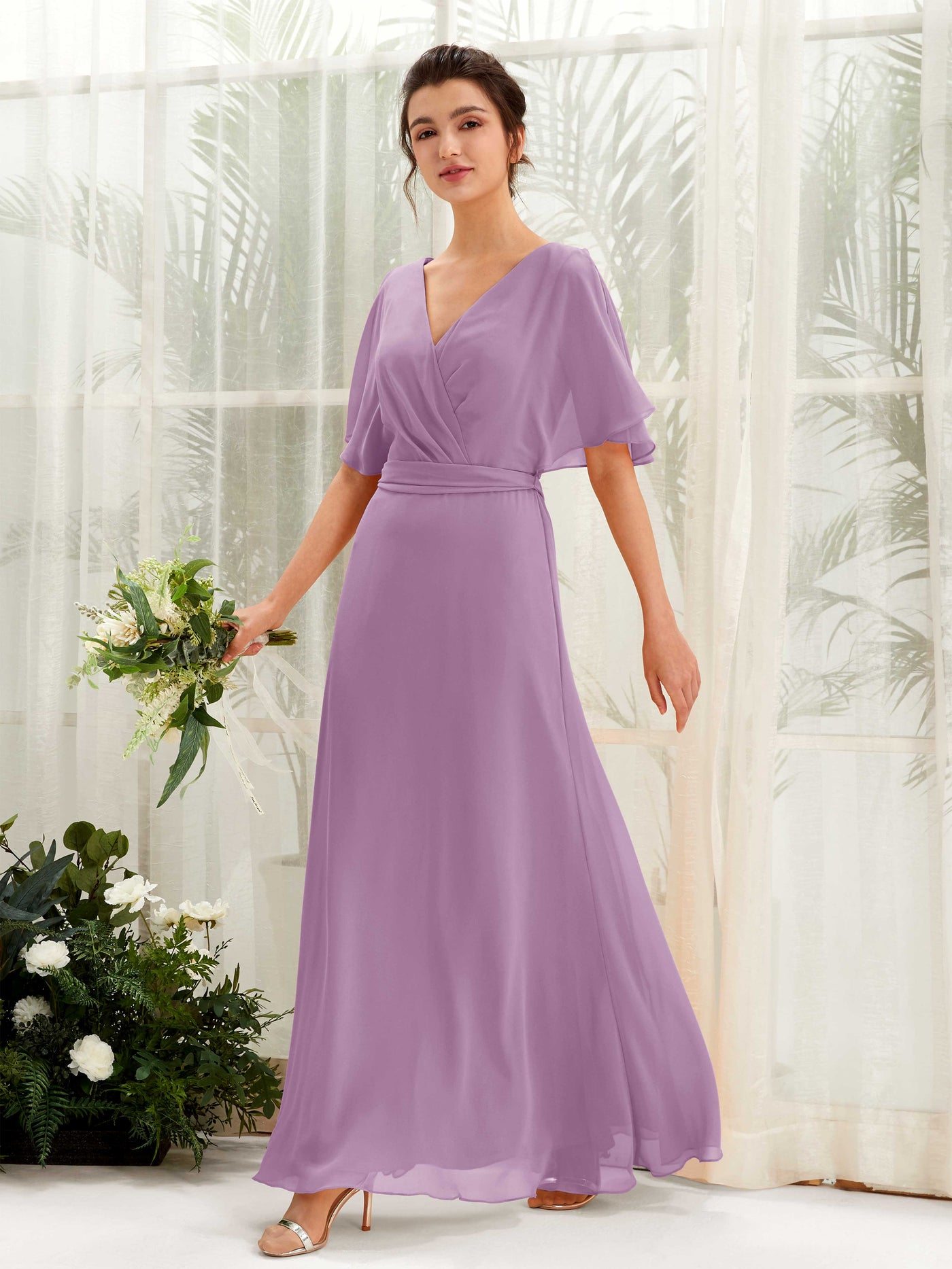 Carlyna Merta A-Line Orchid Mist Bridesmaid Dress Maxi Short Sleeve V-Neck Dress #color_orchid-mist