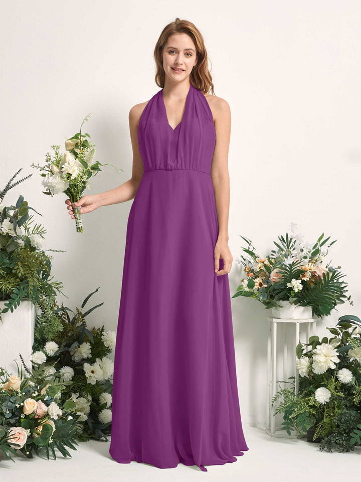 Bridesmaid Dress A-line Chiffon Halter Full Length Short Sleeves Wedding Party Dress - Purple (81226336)