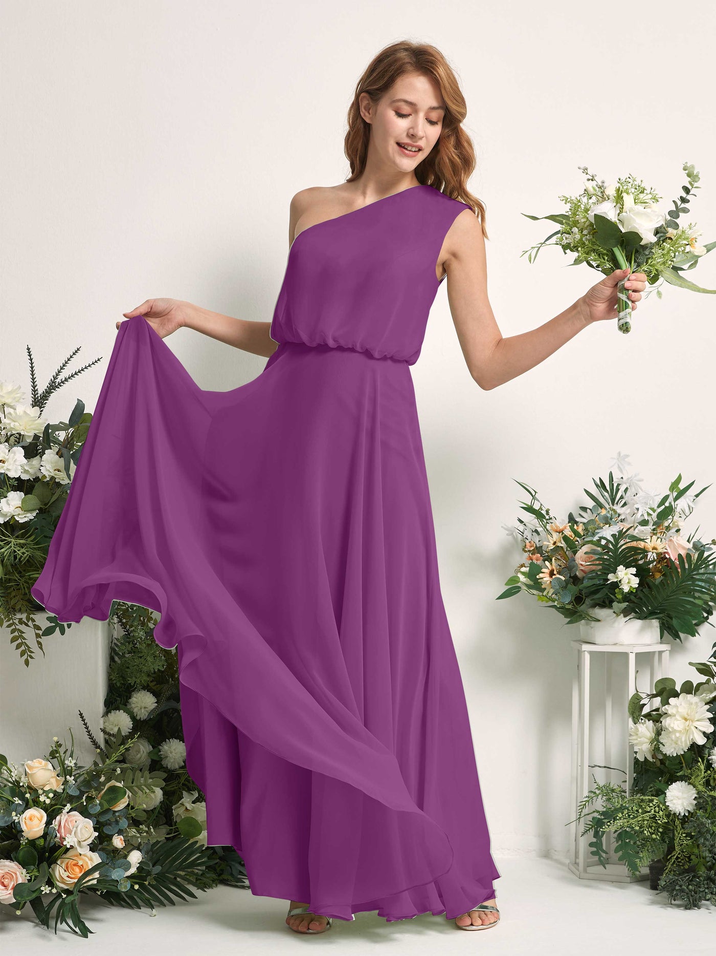 Bridesmaid Dress A-line Chiffon One Shoulder Full Length Sleeveless Wedding Party Dress - Purple (81226836)#color_purple