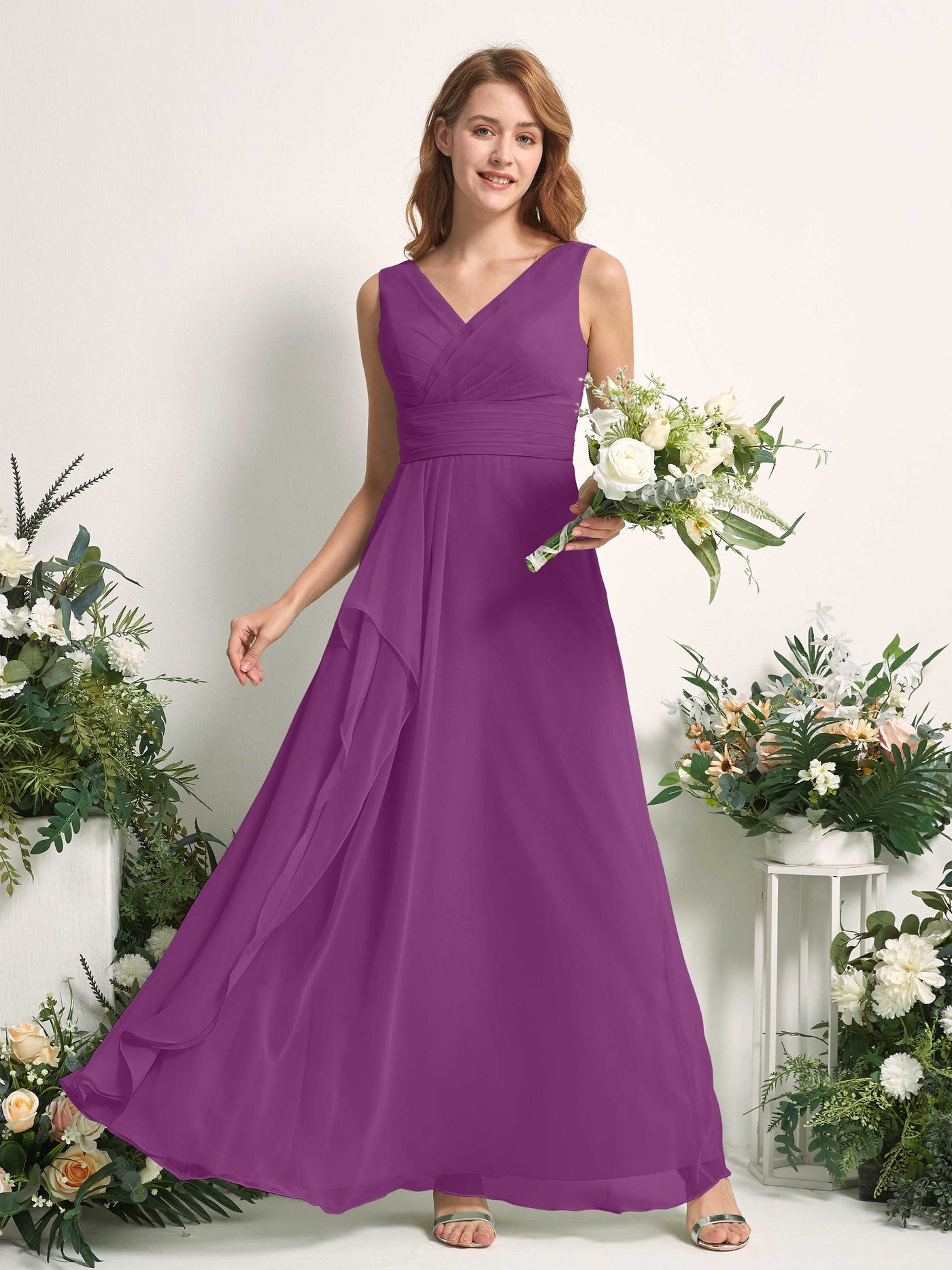 Bridesmaid Dress A-line Chiffon V-neck Full Length Sleeveless Wedding Party Dress - Purple (81227136)#color_purple