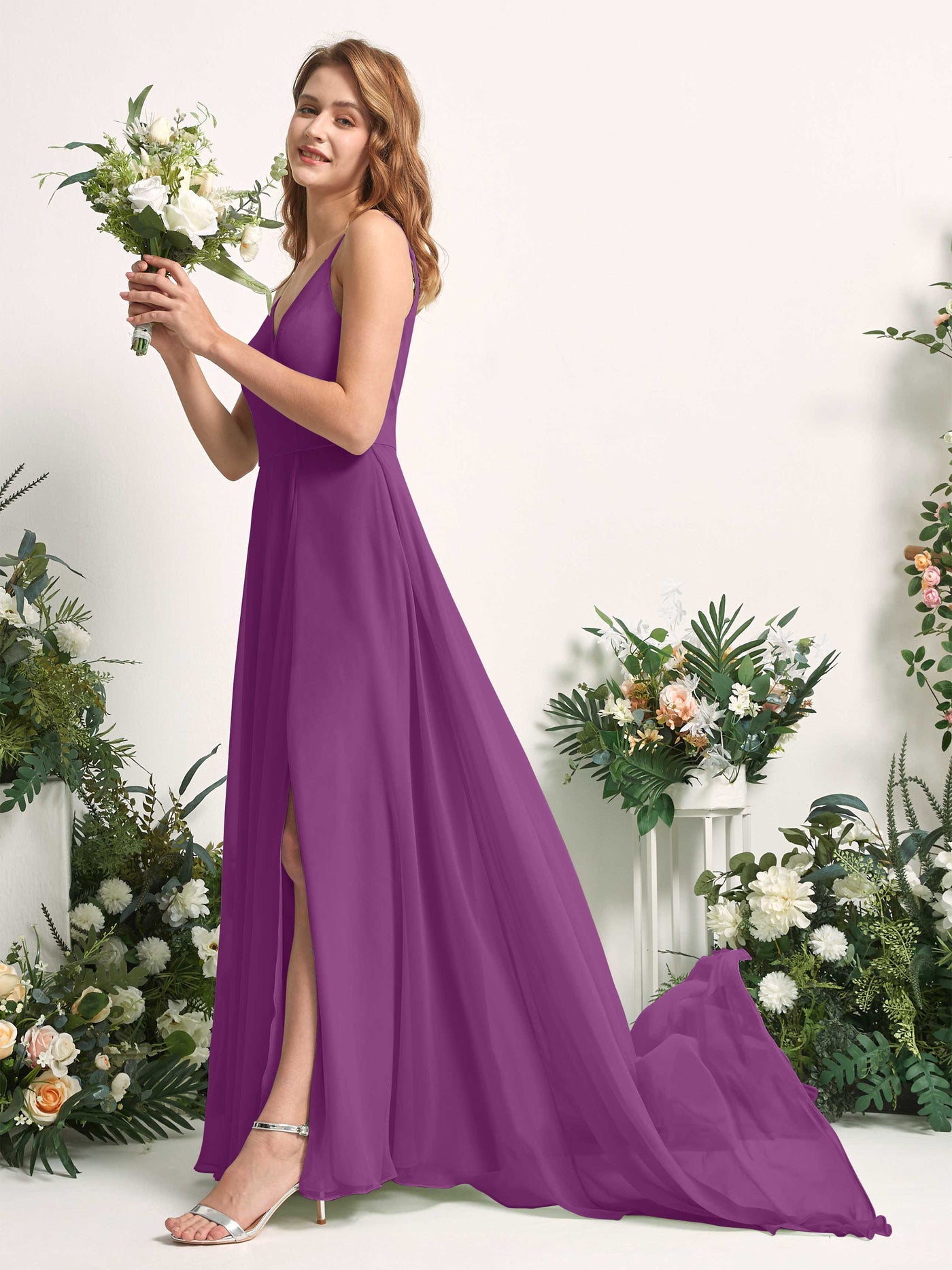 Bridesmaid Dress A-line Chiffon Spaghetti-straps Full Length Sleeveless Wedding Party Dress - Purple (81227736)#color_purple