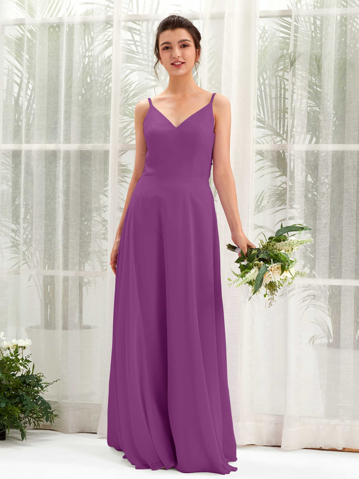 A-line Spaghetti-straps V-neck Sleeveless Chiffon Bridesmaid Dress - Purple (81220636)