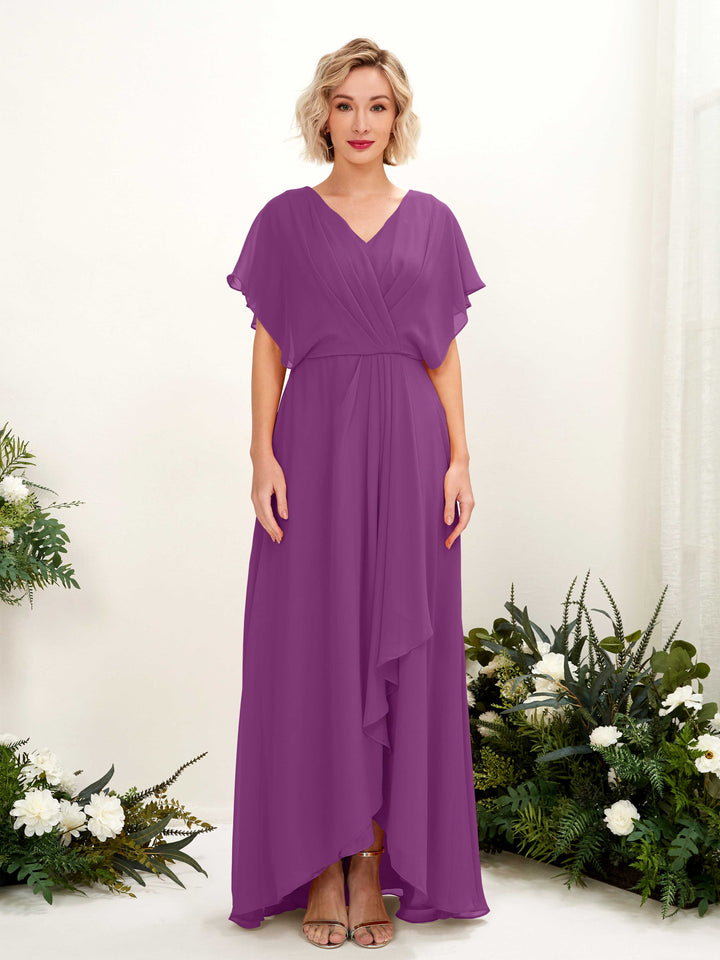 A-line V-neck Short Sleeves Chiffon Bridesmaid Dress - Purple (81222136)