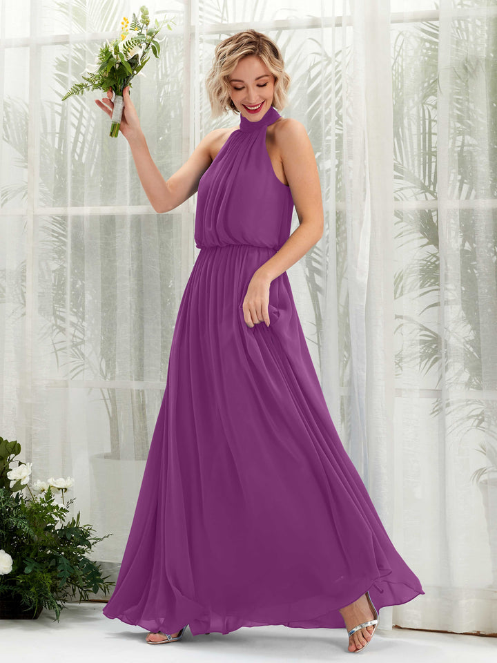 Halter Sleeveless Chiffon Bridesmaid Dress - Purple (81222936)