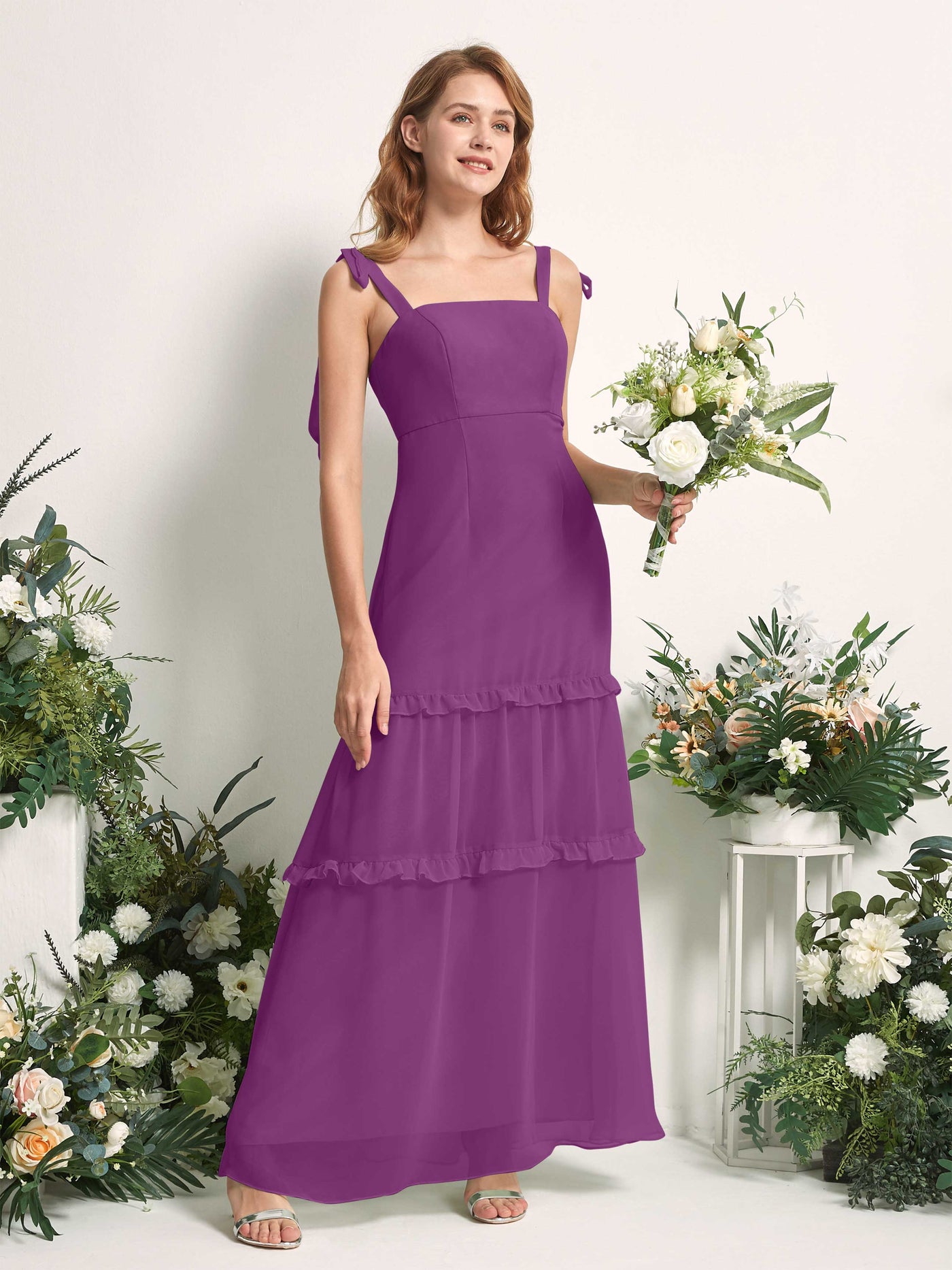 Bridesmaid Dress Chiffon Straps Full Length Sleeveless Wedding Party Dress - Purple (81227536)#color_purple