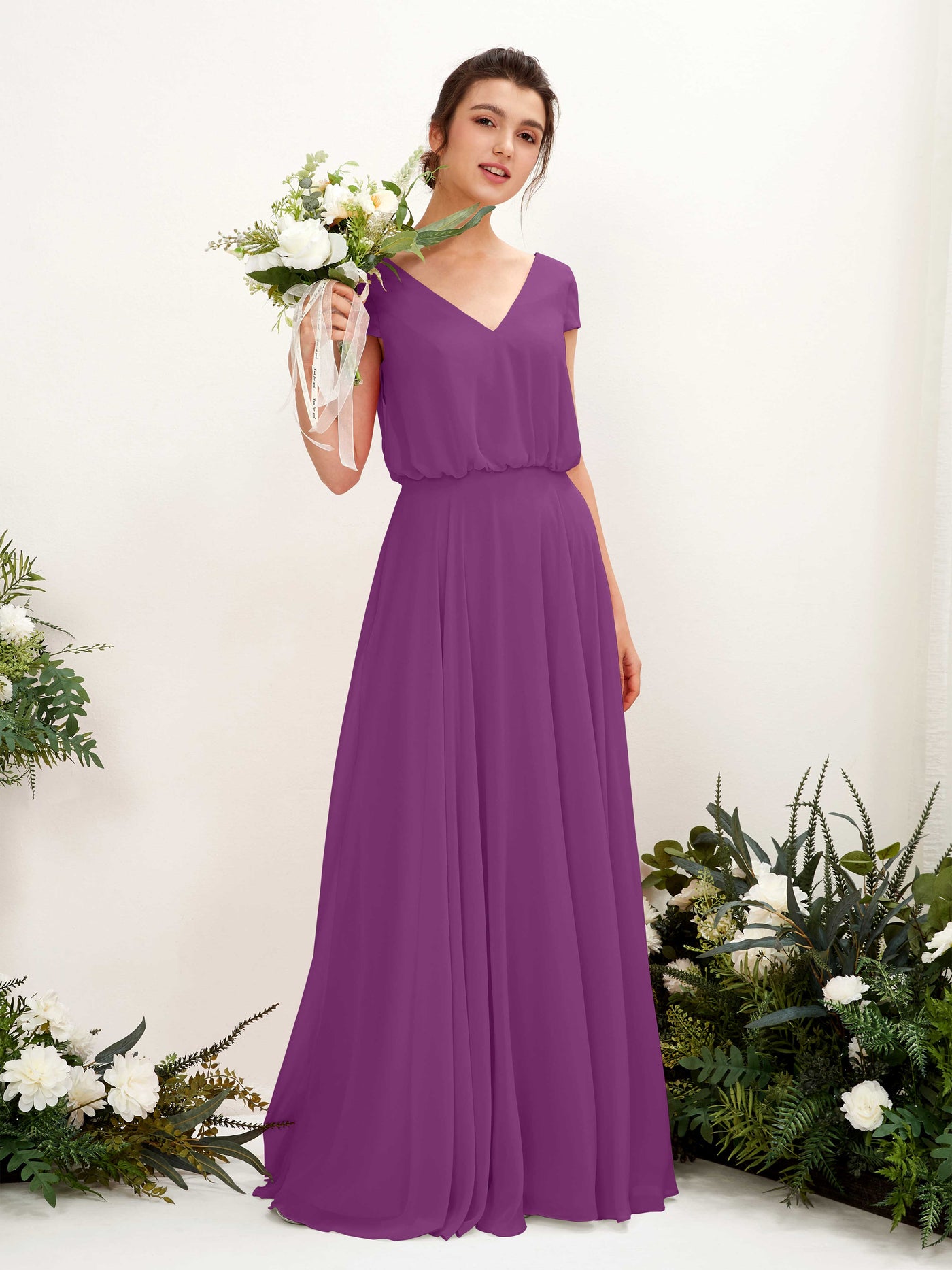 Carlyna Pauline A-Line Purple Bridesmaid Dress Maxi Cap Sleeve V-Neck Dress #color_purple