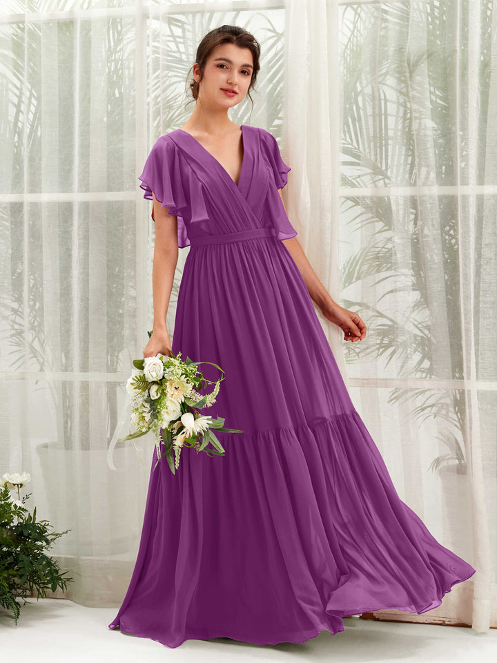 V-neck Cap Sleeves Chiffon Bridesmaid Dress - Purple (81225936)