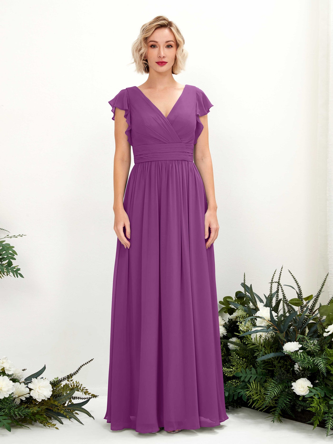 Carlyna Grino A-Line Purple Bridesmaid Dress Maxi Cap Sleeve V-Neck Dress #color_purple