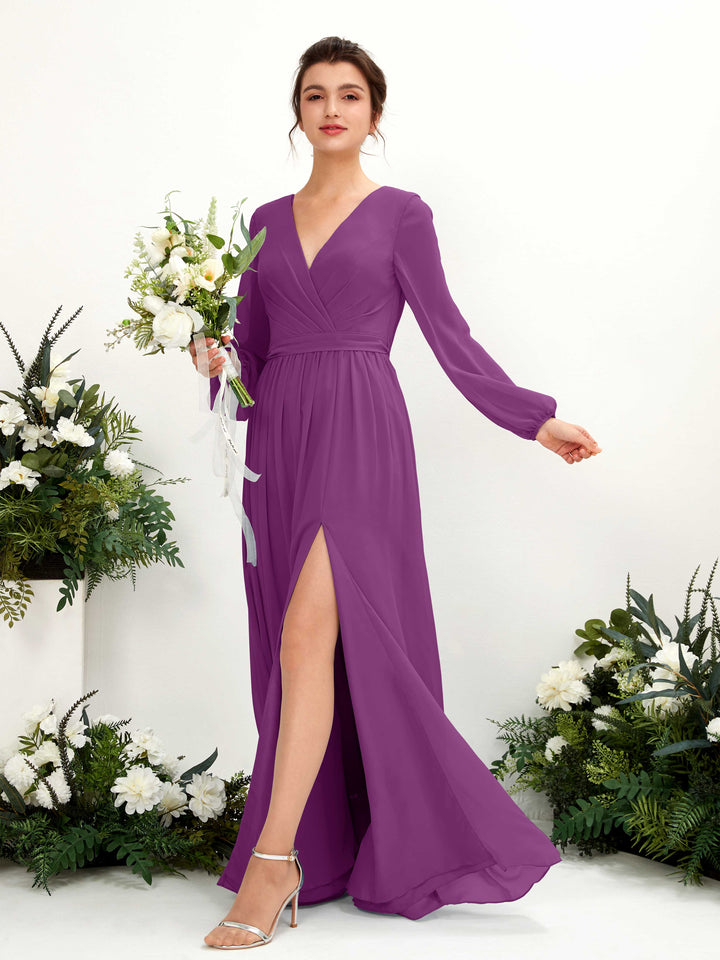 Carlyna Ginny A-Line Purple Bridesmaid Dress Maxi Long Sleeve V-Neck  