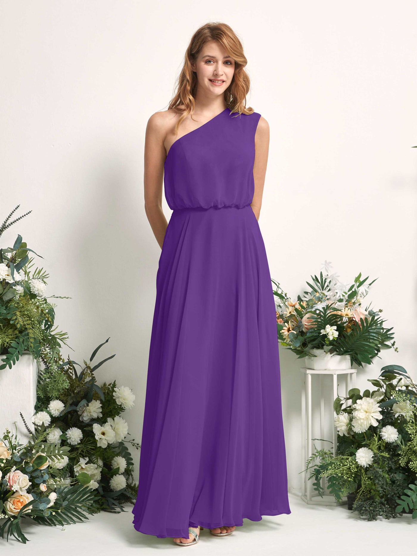 Bridesmaid Dress A-line Chiffon One Shoulder Full Length Sleeveless Wedding Party Dress - Regency (81226828)#color_regency