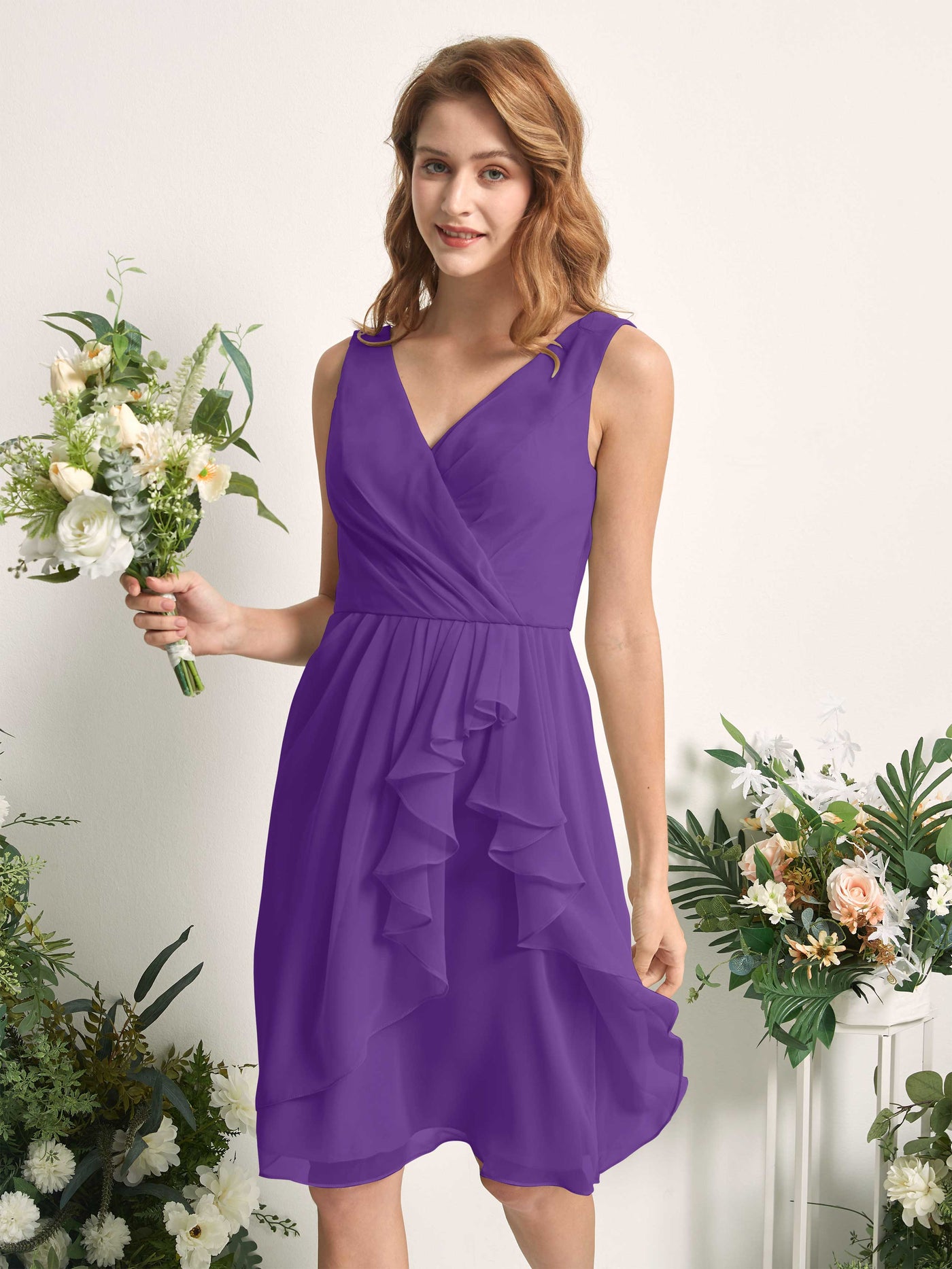 Bridesmaid Dress A-line Chiffon Straps Knee Length Sleeveless Wedding Party Dress - Regency (81226628)#color_regency