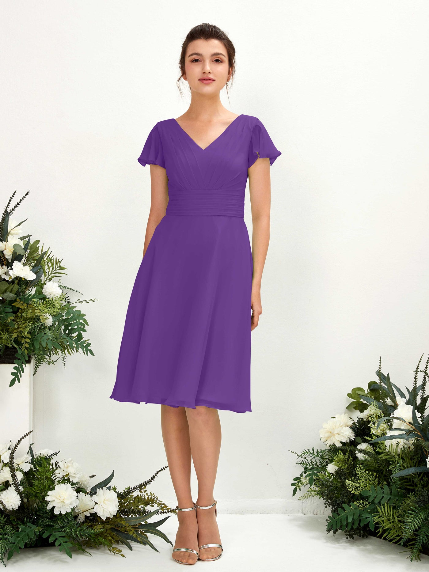 Carlyna Betty A-Line Regency Bridesmaid Dress Knee-Length Short Sleeve V-Neck Dress #color_regency