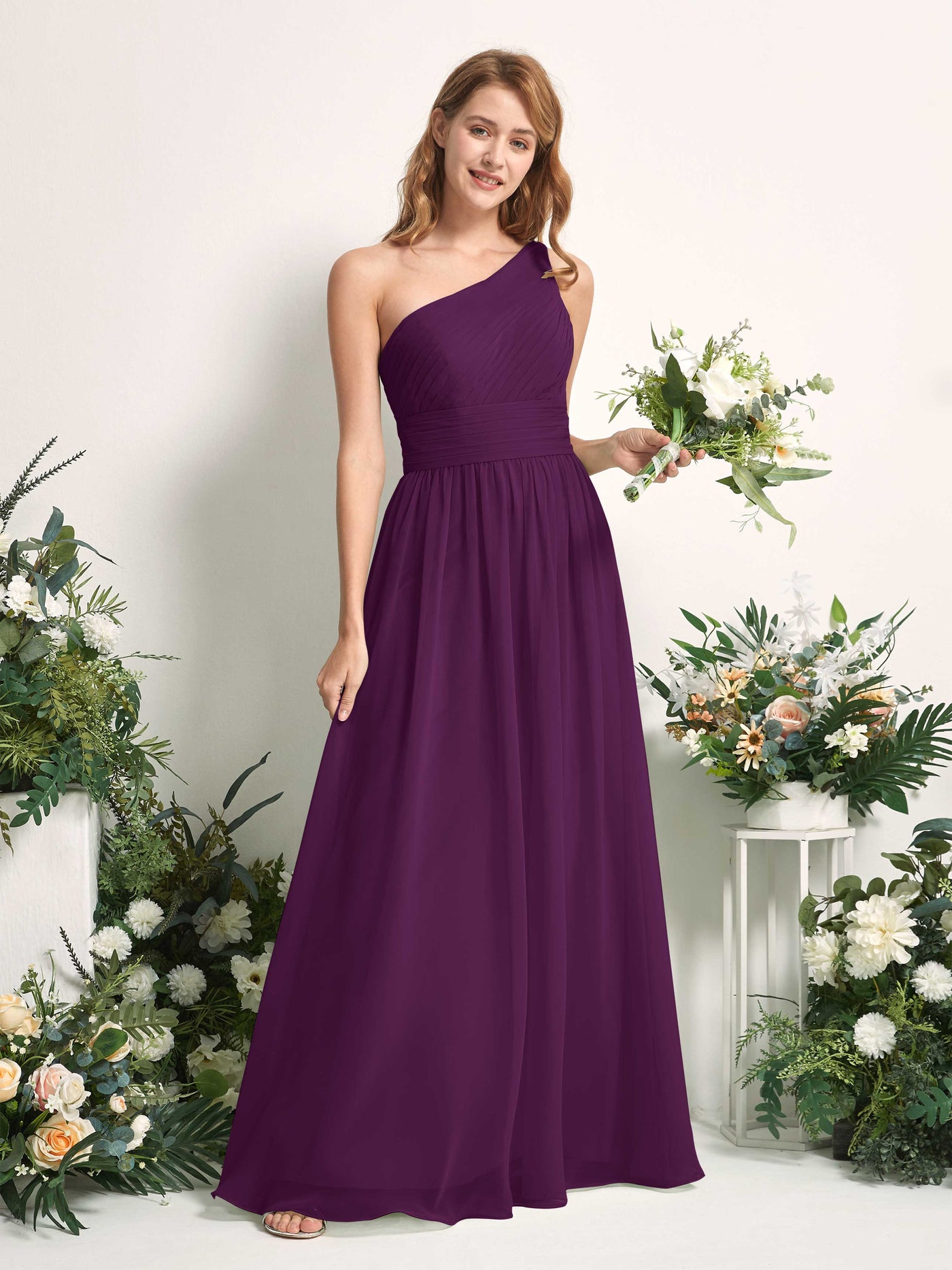 Bridesmaid Dress A-line Chiffon One Shoulder Full Length Sleeveless Wedding Party Dress - Grape (81226731)#color_grape