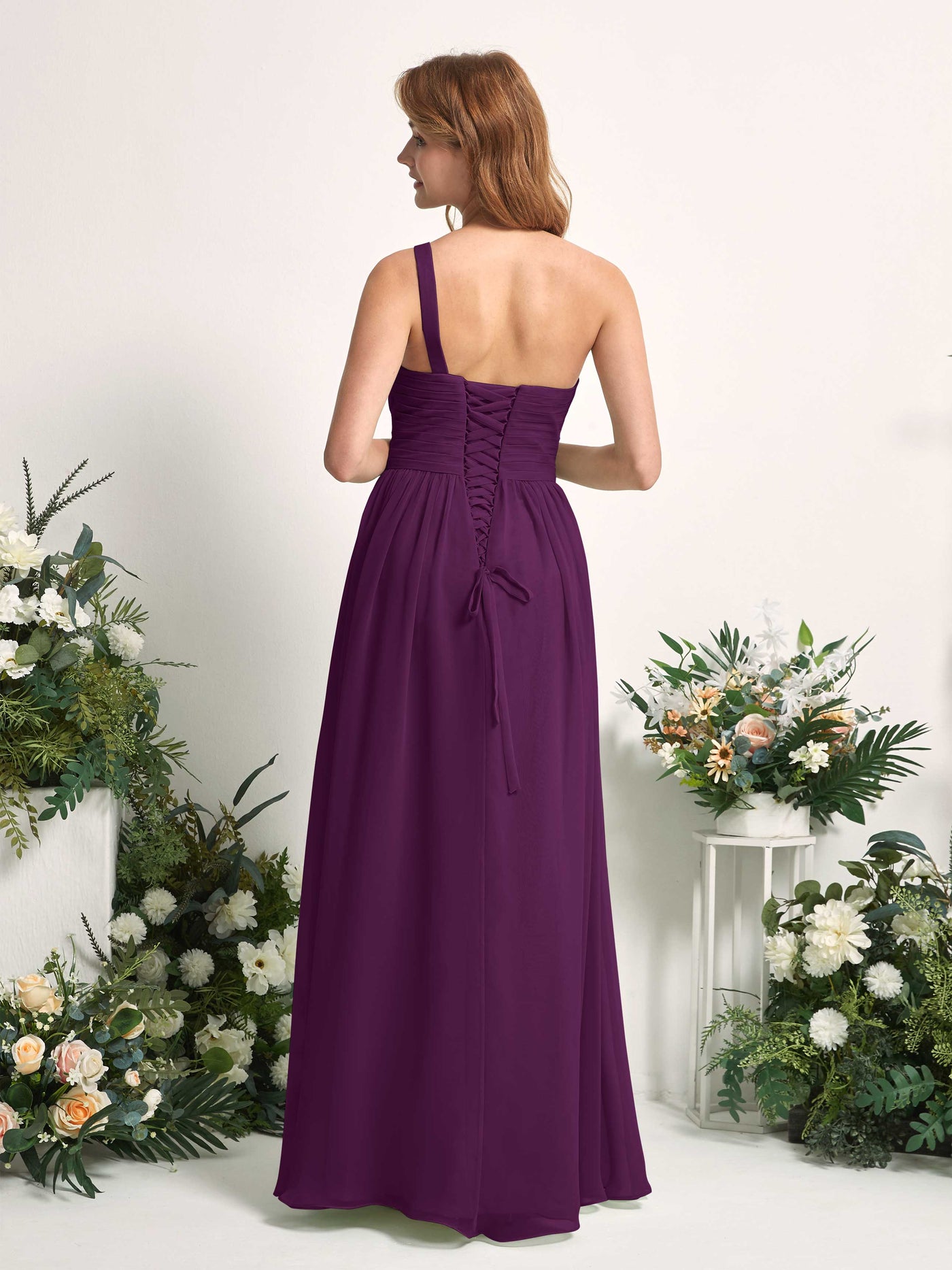 Bridesmaid Dress A-line Chiffon One Shoulder Full Length Sleeveless Wedding Party Dress - Grape (81226731)#color_grape