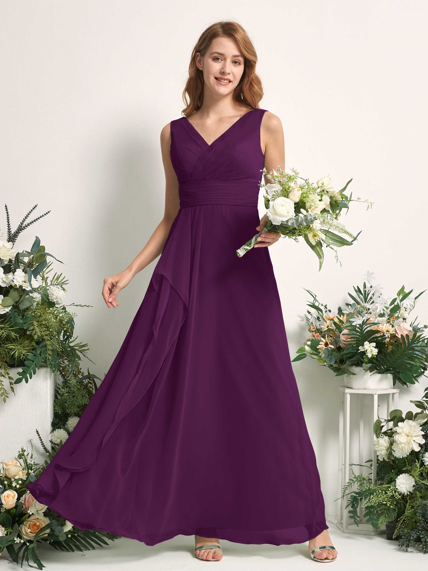 Bridesmaid Dress A-line Chiffon V-neck Full Length Sleeveless Wedding Party Dress - Grape (81227131)#color_grape