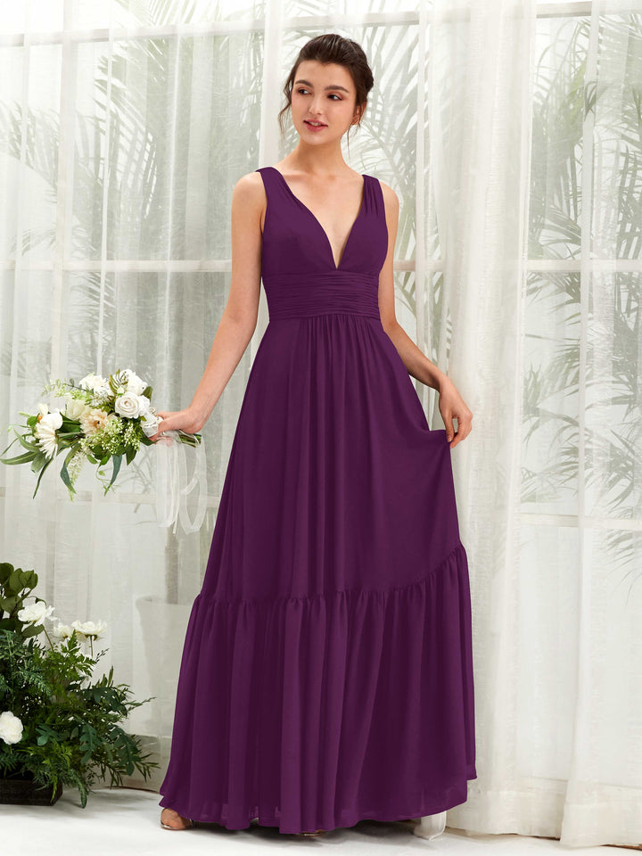 Carlyna Alissa A-Line Grape Bridesmaid Dress Maxi Sleeveless V-Neck Dress 