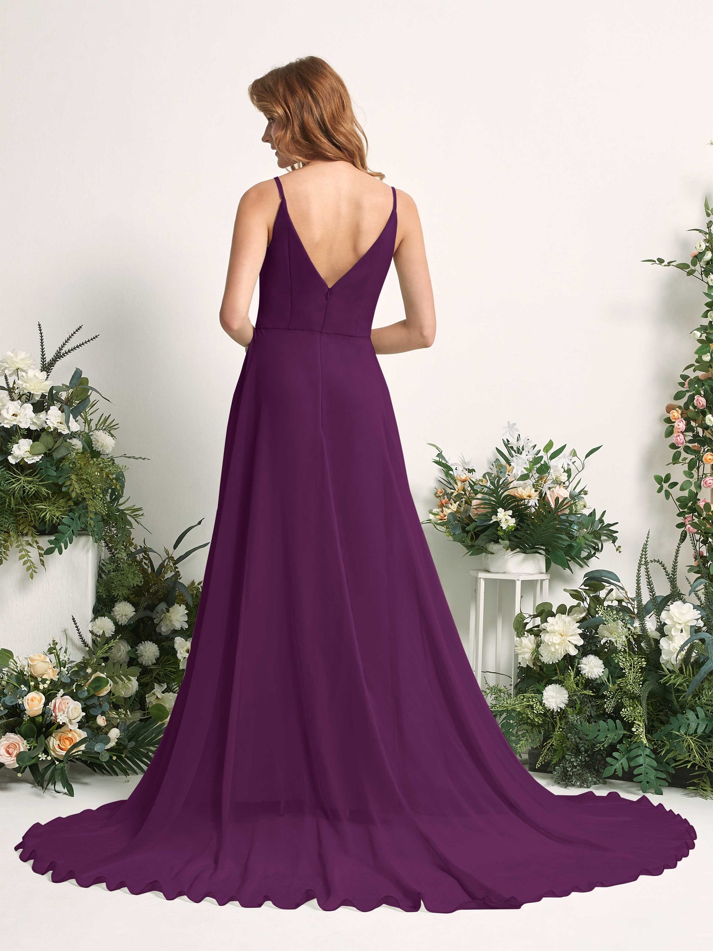 Bridesmaid Dress A-line Chiffon Spaghetti-straps Full Length Sleeveless Wedding Party Dress - Grape (81227731)#color_grape