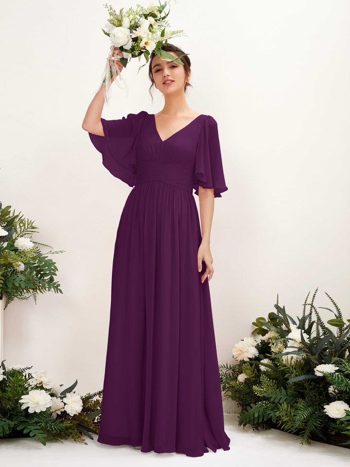 A-line V-neck 1/2 Sleeves Chiffon Bridesmaid Dress - Grape (81221631)