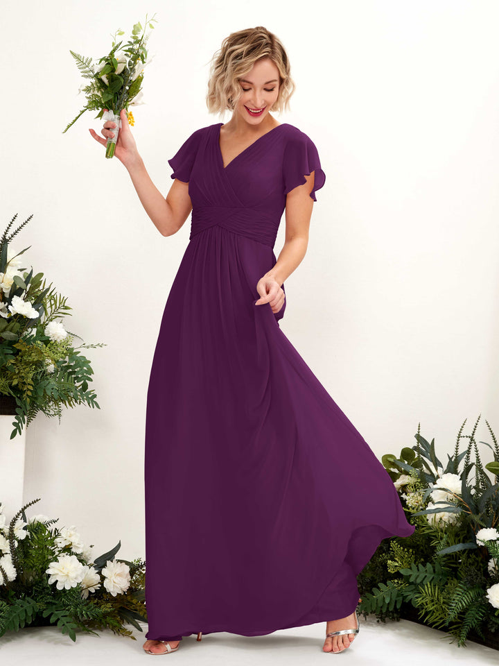 A-line V-neck Cap Sleeves Chiffon Bridesmaid Dress - Grape (81224331)