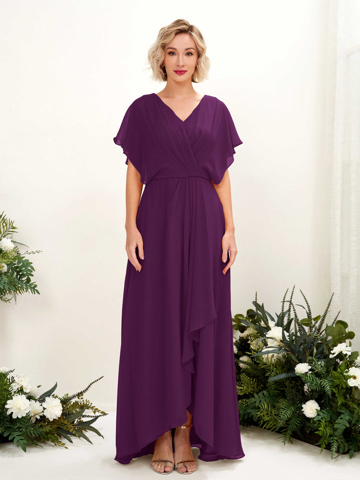 Carlyna Soleil A-Line Grape Bridesmaid Dress Maxi Short Sleeve V-Neck Dress 