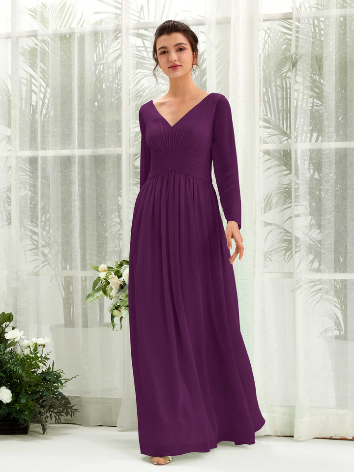 Ball Gown V-neck Long Sleeves Chiffon Bridesmaid Dress - Grape (81220331)