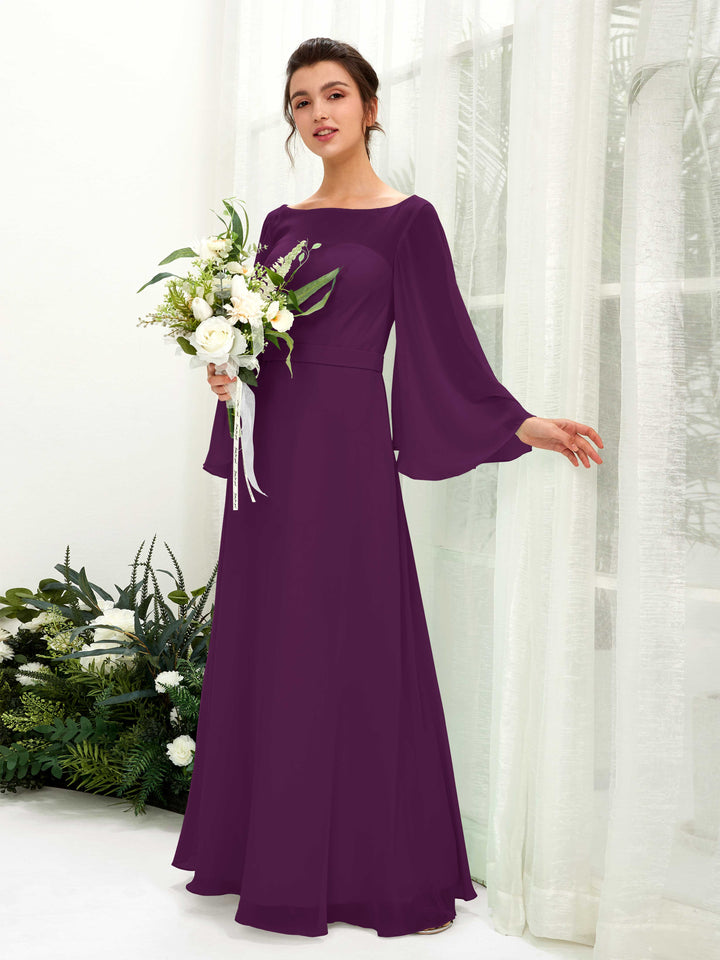 Bateau Illusion Long Sleeves Chiffon Bridesmaid Dress - Grape (81220531)