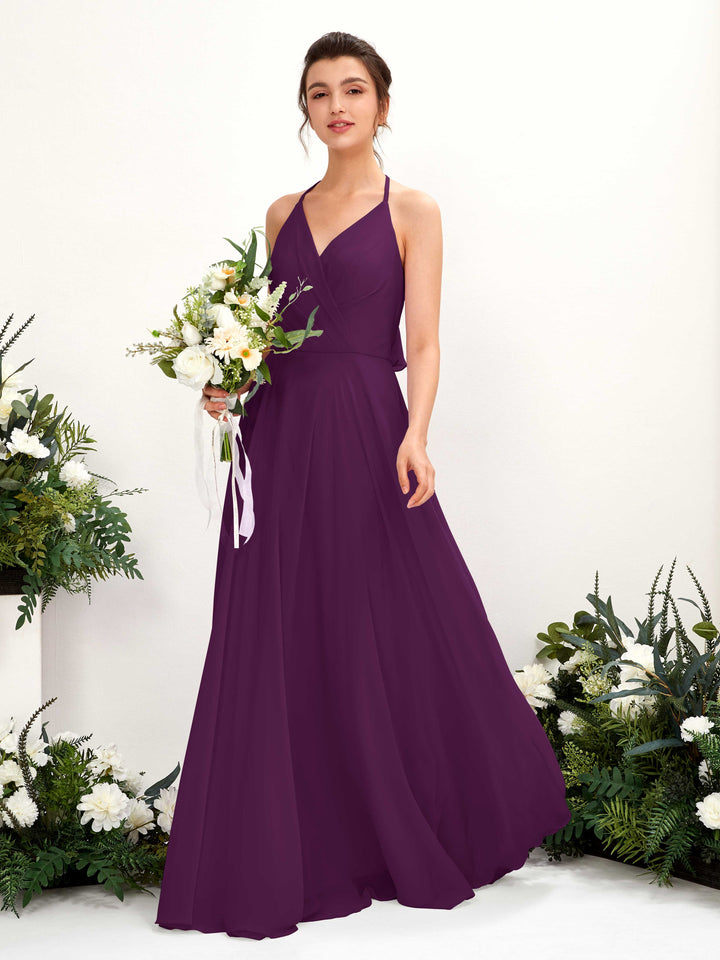 Carlyna Launo A-Line Grape Bridesmaid Dress Maxi Sleeveless V-Neck Dress 