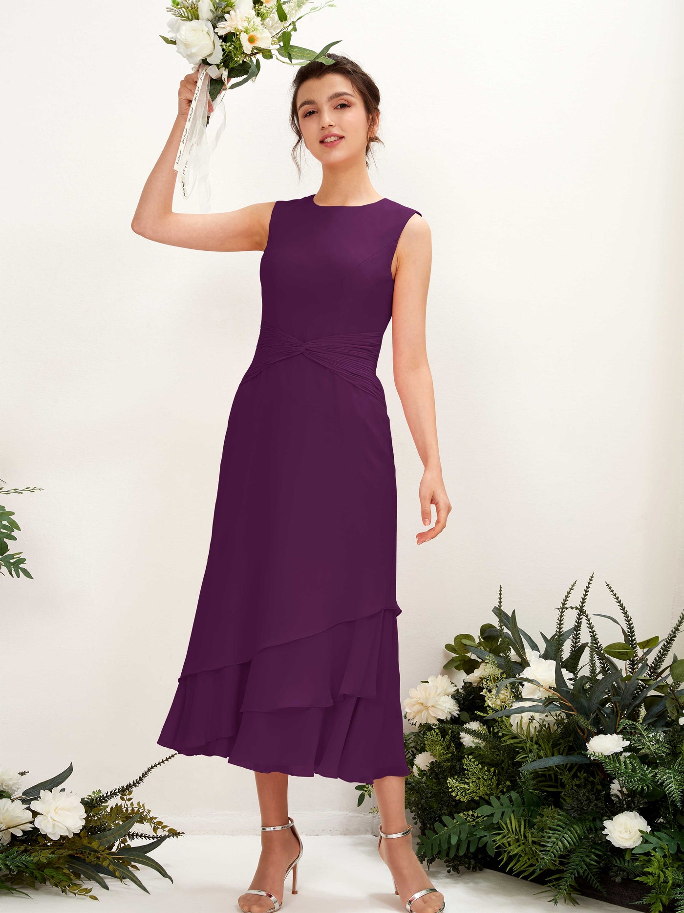 Mermaid/Trumpet Round Sleeveless Chiffon Bridesmaid Dress - Grape (81221931)#color_grape