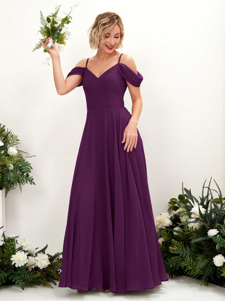 Off Shoulder Straps V-neck Sleeveless Chiffon Bridesmaid Dress - Grape (81224931)