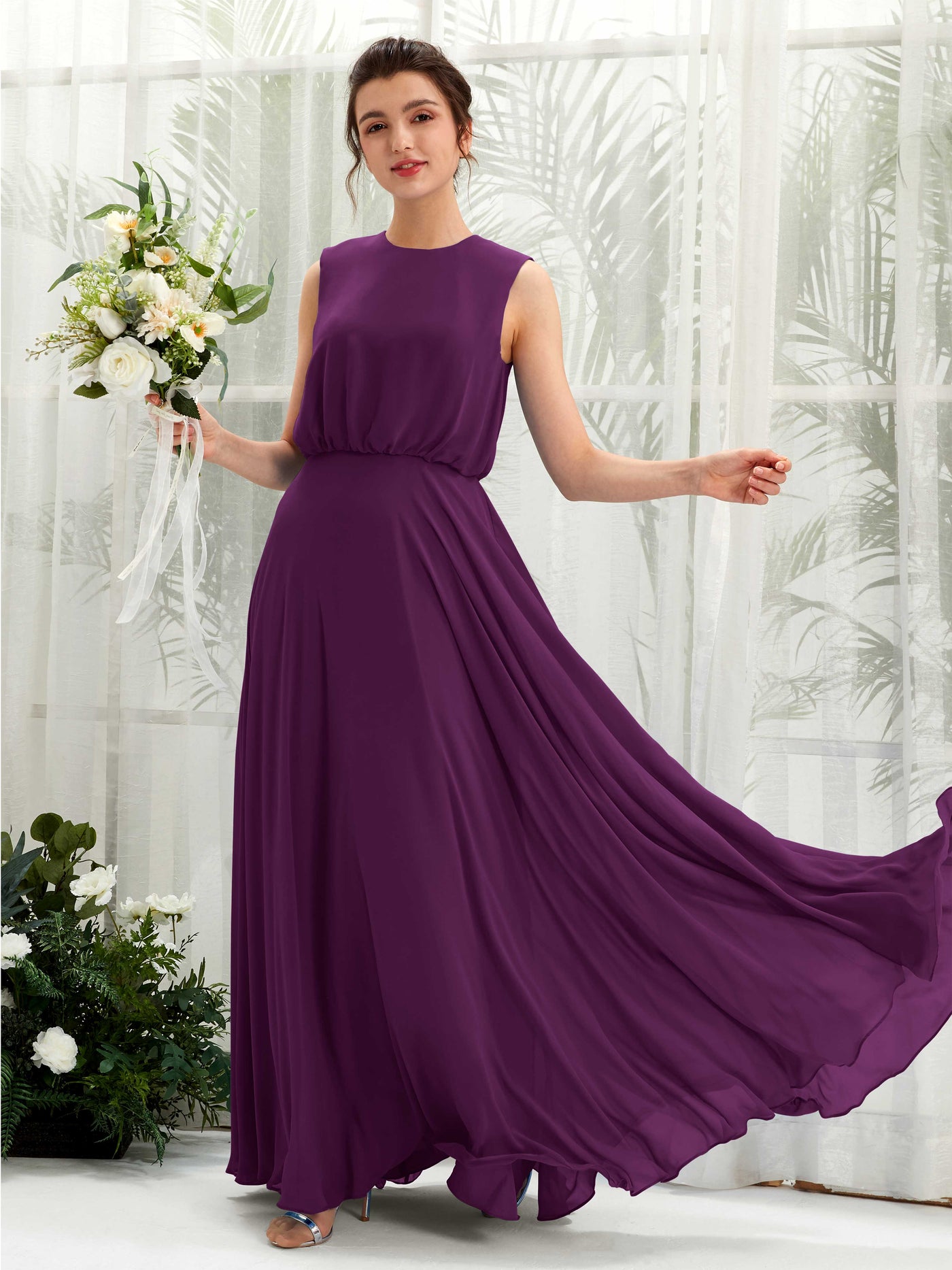 Round Sleeveless Chiffon Bridesmaid Dress - Grape (81222831)#color_grape