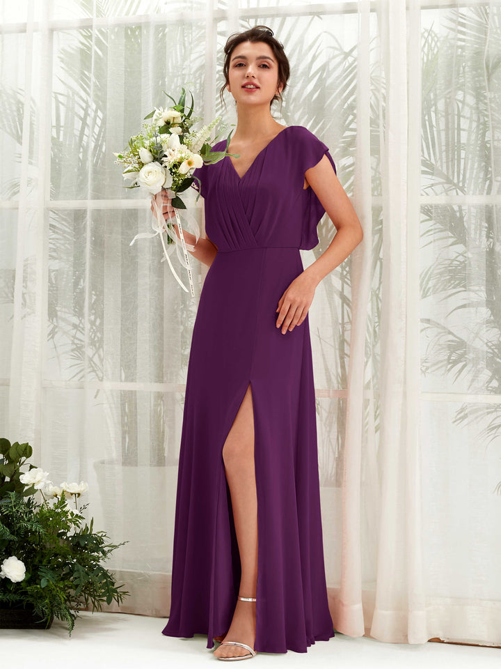 Carlyna Annie A-Line Grape Bridesmaid Dress Maxi Cap Sleeve V-Neck Dress 