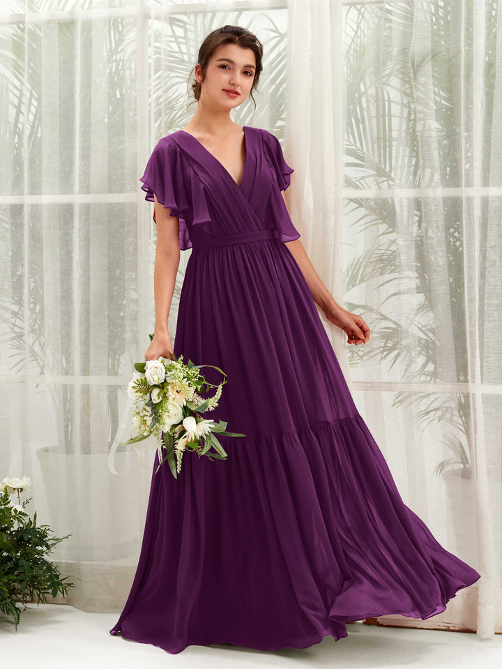 Carlyna Chaya A-Line Grape Bridesmaid Dress Maxi Cap Sleeve V-Neck Dress 