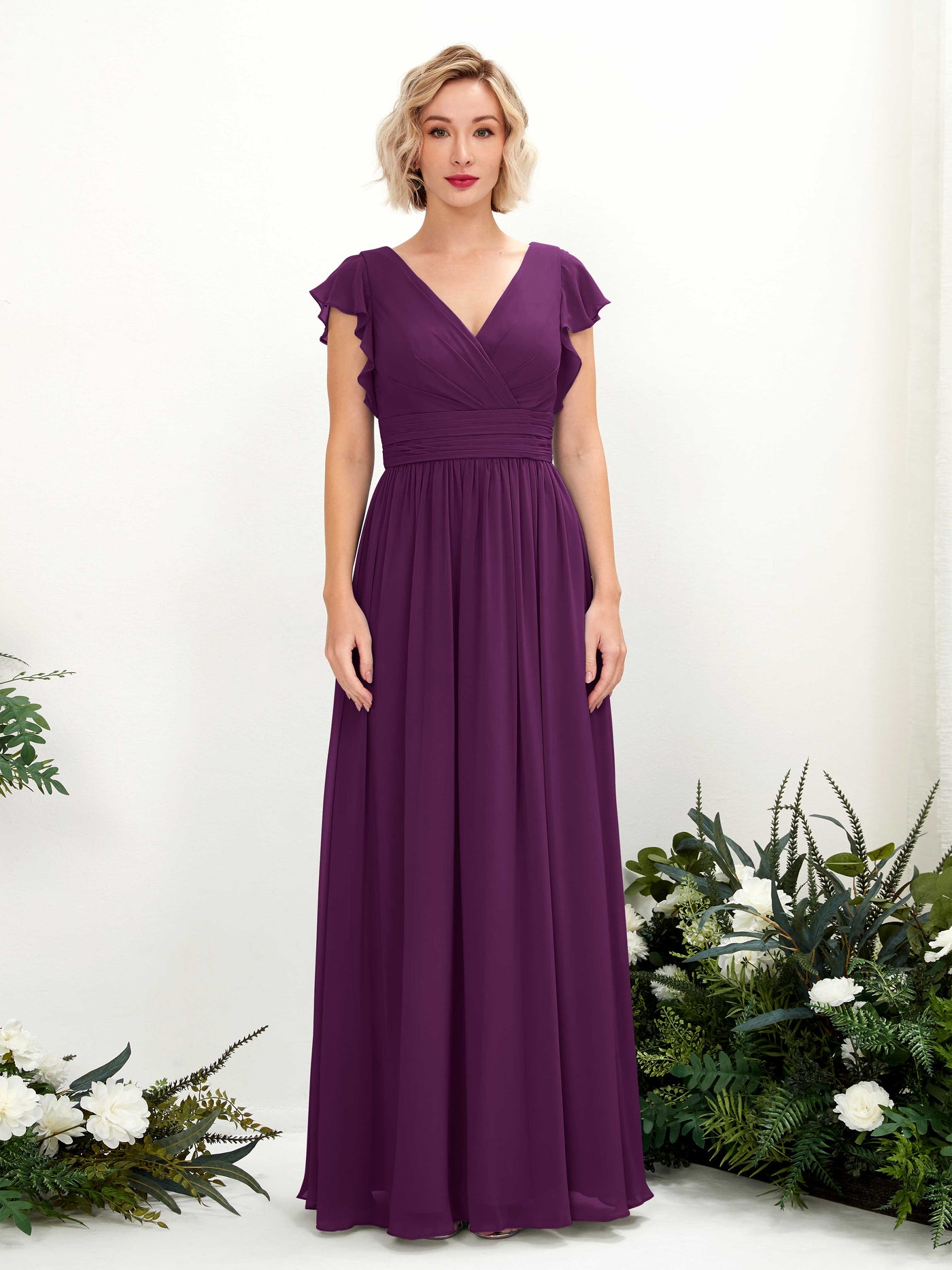 V-neck Short Sleeves Chiffon Bridesmaid Dress - Grape (81222731)#color_grape