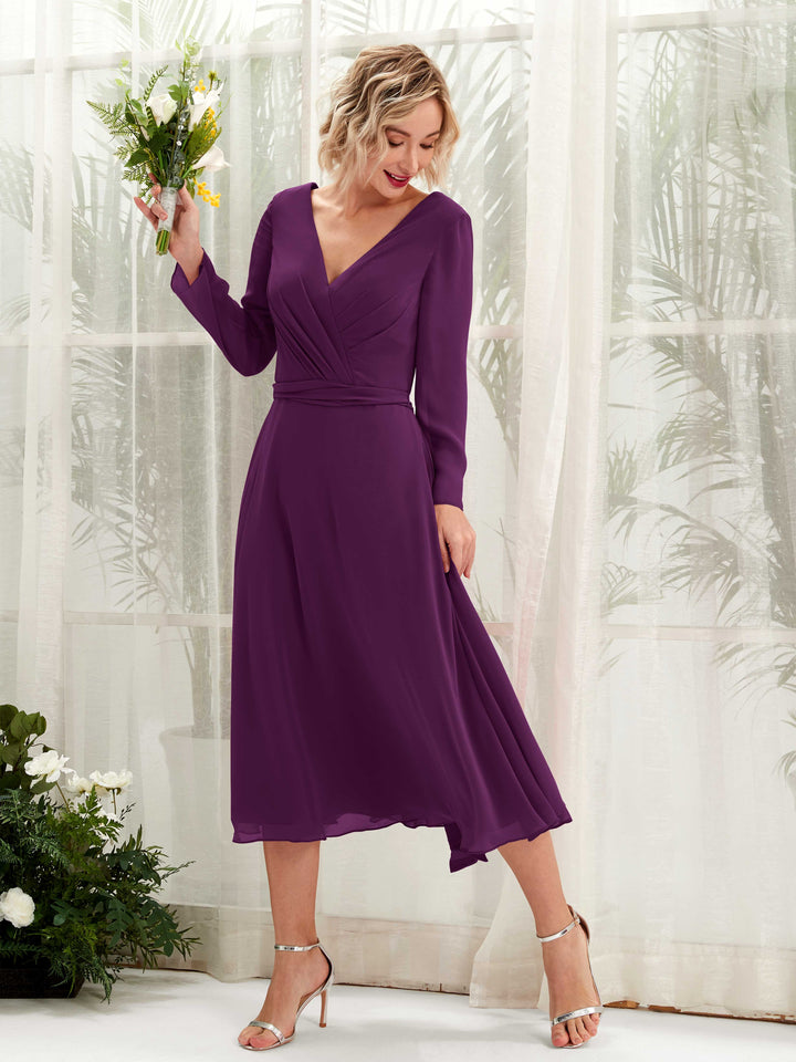 V-neck Long Sleeves Chiffon Bridesmaid Dress - Grape (81223331)