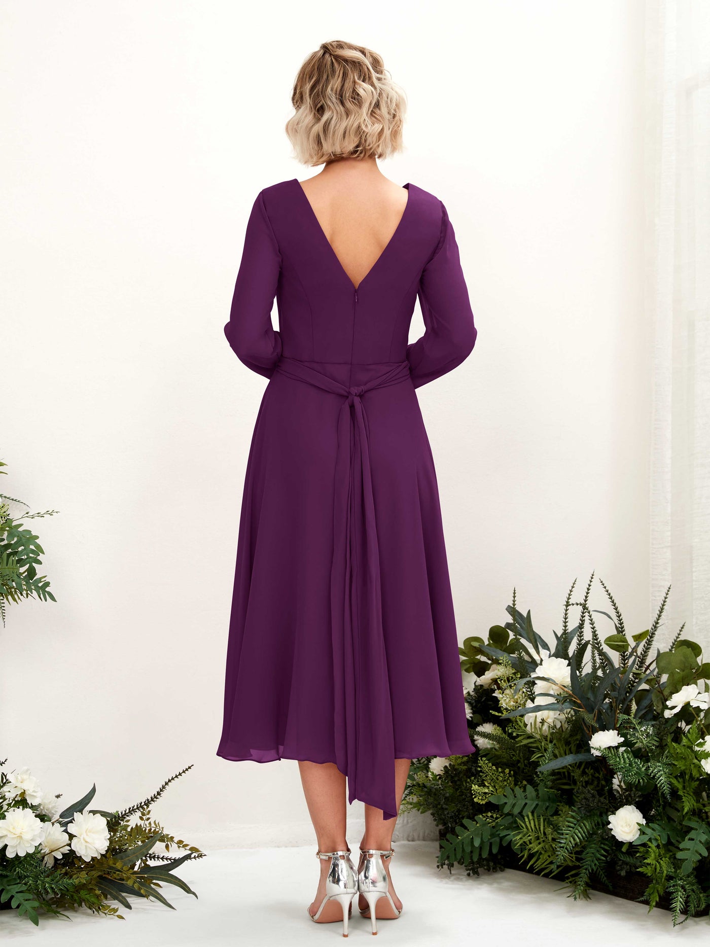 Carlyna Joanna A-Line Grape Bridesmaid Dress Midi Long Sleeve V-Neck  #color_grape