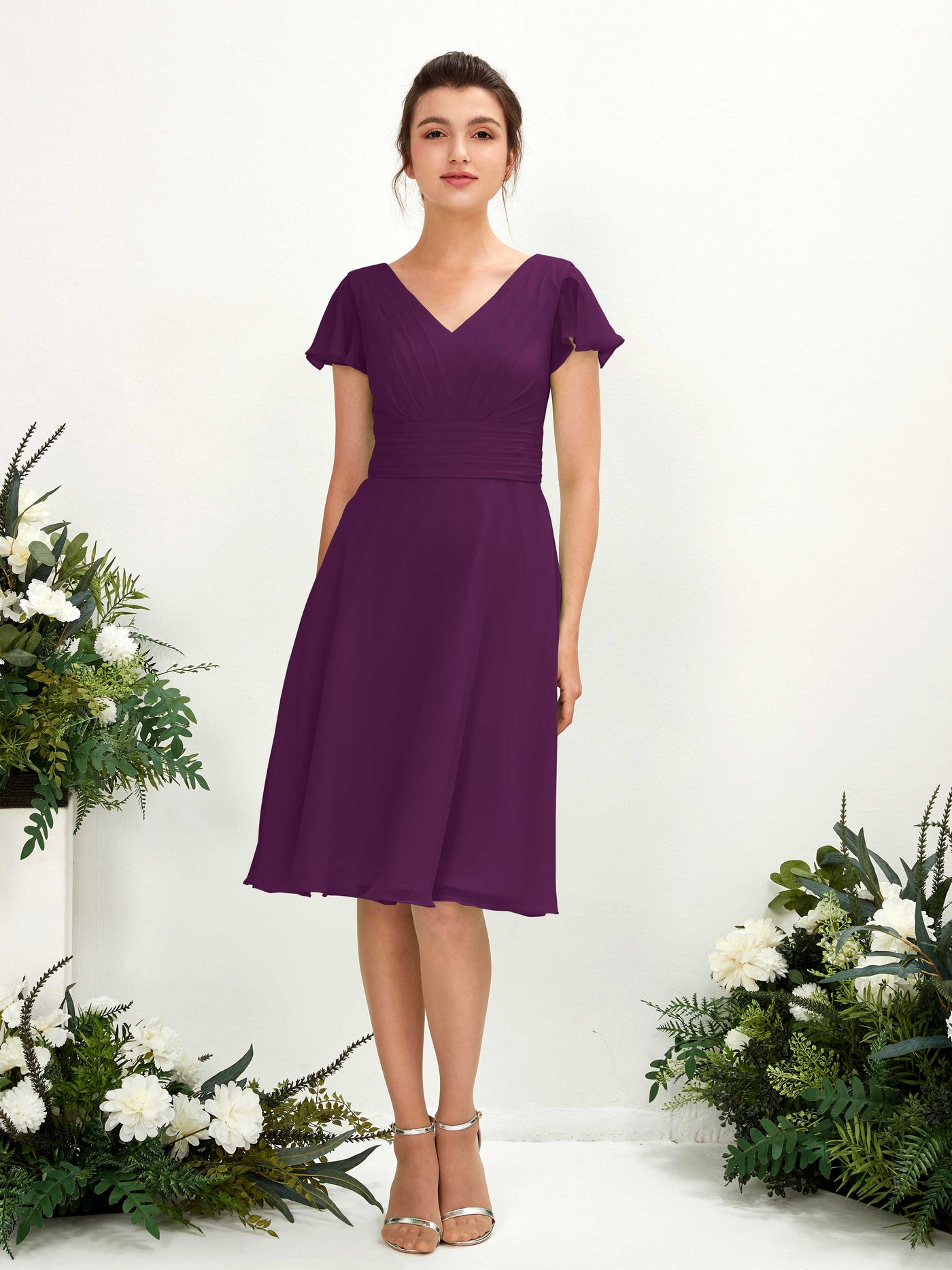 Carlyna Betty A-Line Grape Bridesmaid Dress Knee-Length Short Sleeve V-Neck Dress #color_grape