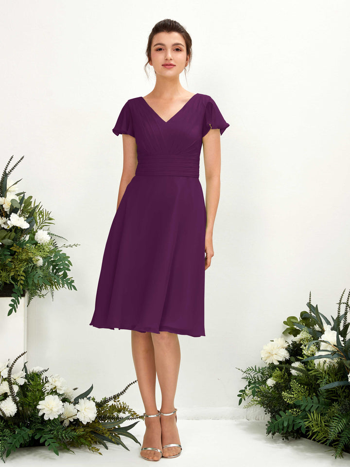 V-neck Short Sleeves Chiffon Bridesmaid Dress - Grape (81220231)