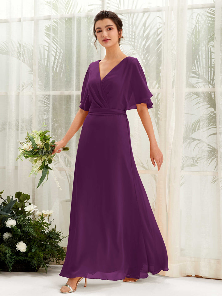 V-neck Short Sleeves Chiffon Bridesmaid Dress - Grape (81222431)