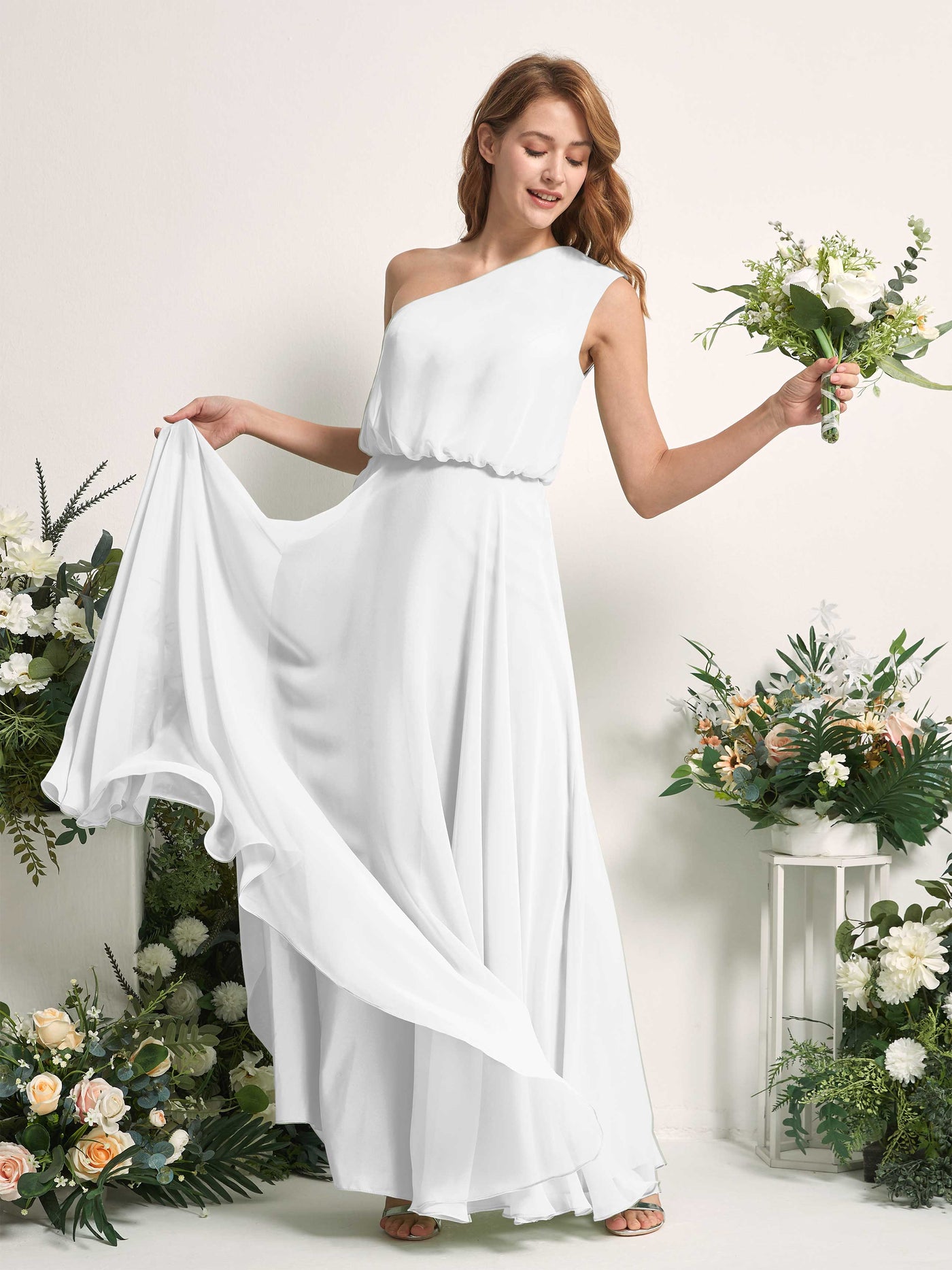 Bridesmaid Dress A-line Chiffon One Shoulder Full Length Sleeveless Wedding Party Dress - White (81226842)#color_white