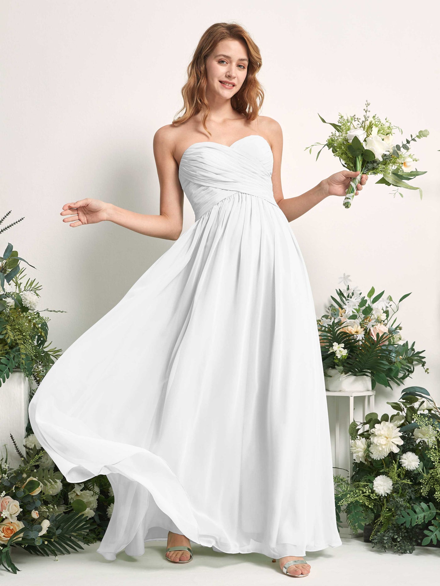 Bridesmaid Dress A-line Chiffon Sweetheart Full Length Sleeveless Wedding Party Dress - White (81226942)#color_white