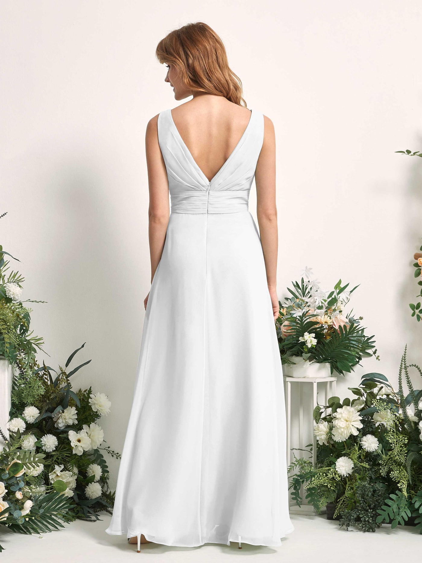 Bridesmaid Dress A-line Chiffon V-neck Full Length Sleeveless Wedding Party Dress - White (81227142)#color_white