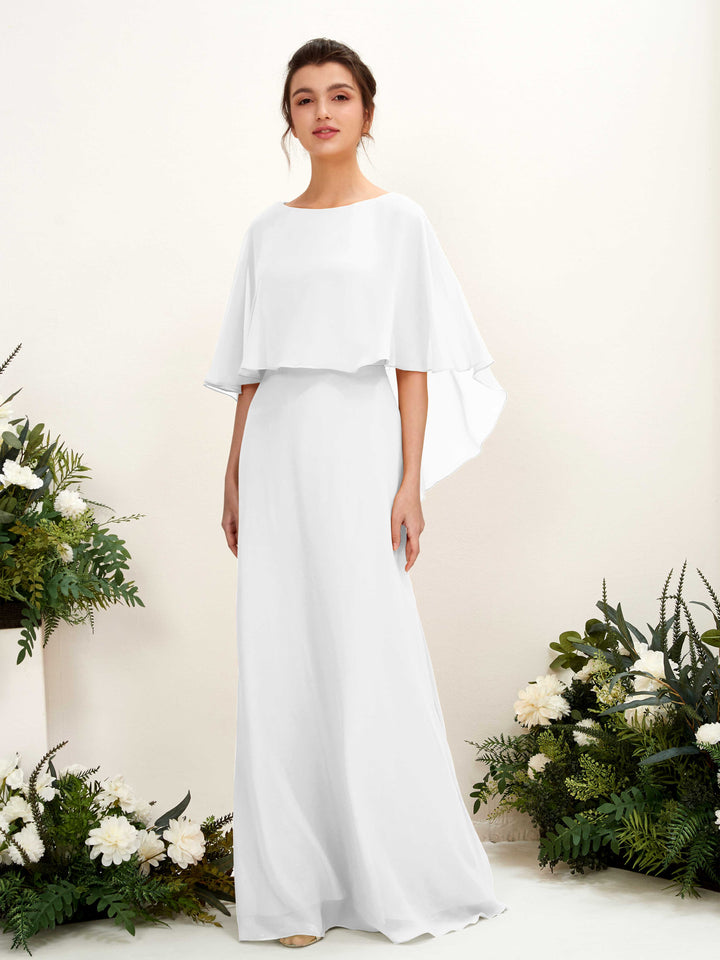 Carlyna Savin Sheath White Bridesmaid Dress Maxi Cap Sleeve Boat Neck Dress 