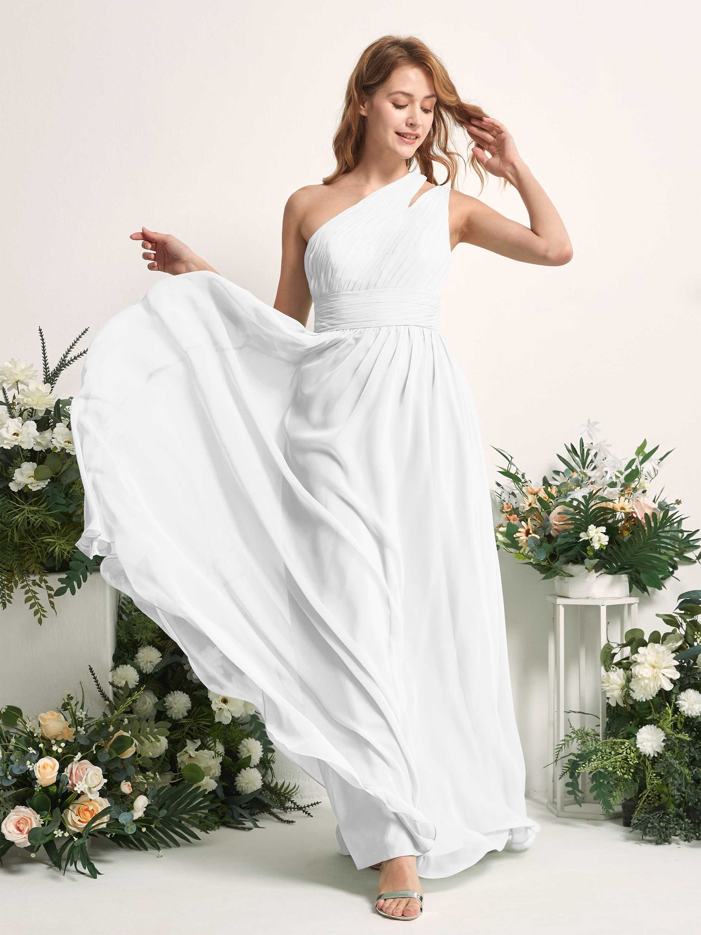 Carlyna Evelyn A-Line White Bridesmaid Dress Maxi Sleeveless One Shoulder Dress #color_white