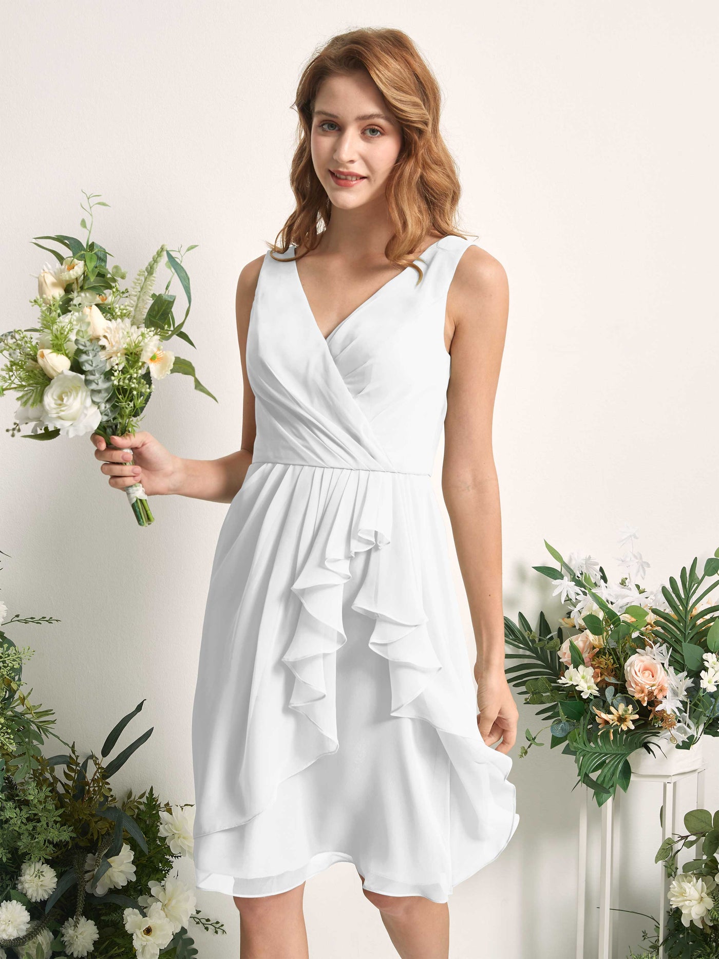 Bridesmaid Dress A-line Chiffon Straps Knee Length Sleeveless Wedding Party Dress - White (81226642)#color_white