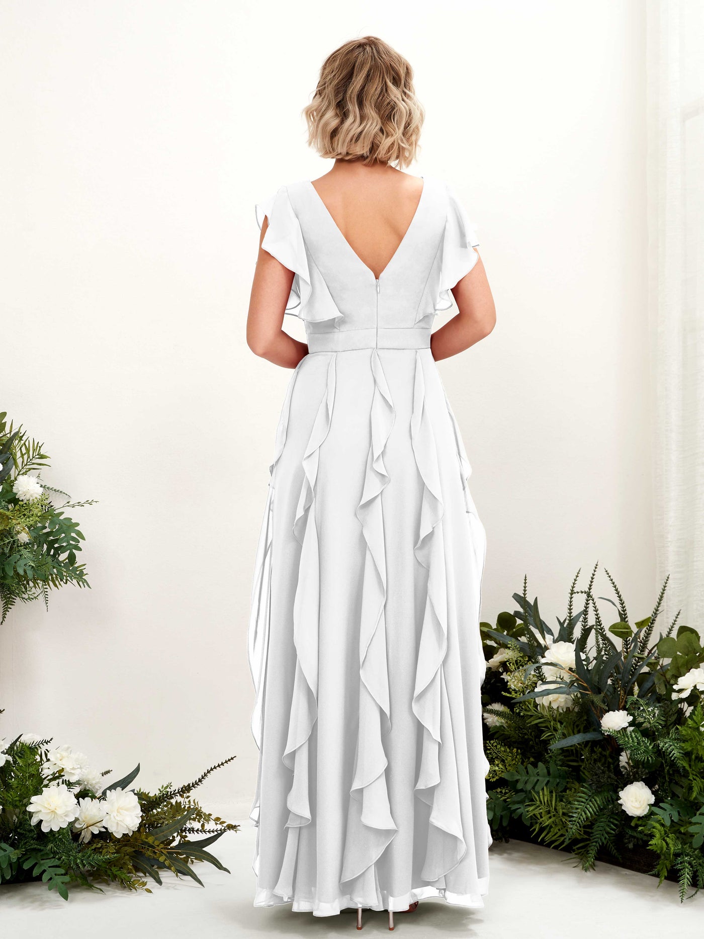 Carlyna Cynthia A-Line White Bridesmaid Dress Maxi Cap Sleeve V-Neck Dress #color_white