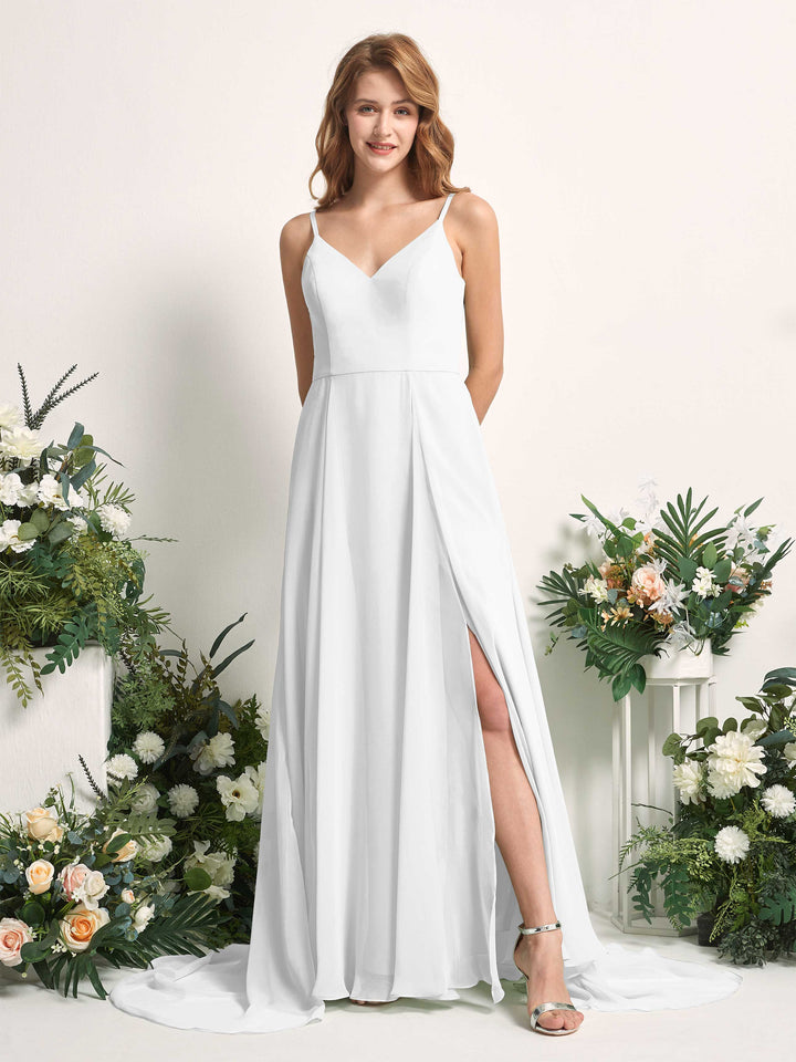 Bridesmaid Dress A-line Chiffon Spaghetti-straps Full Length Sleeveless Wedding Party Dress - White (81227742)