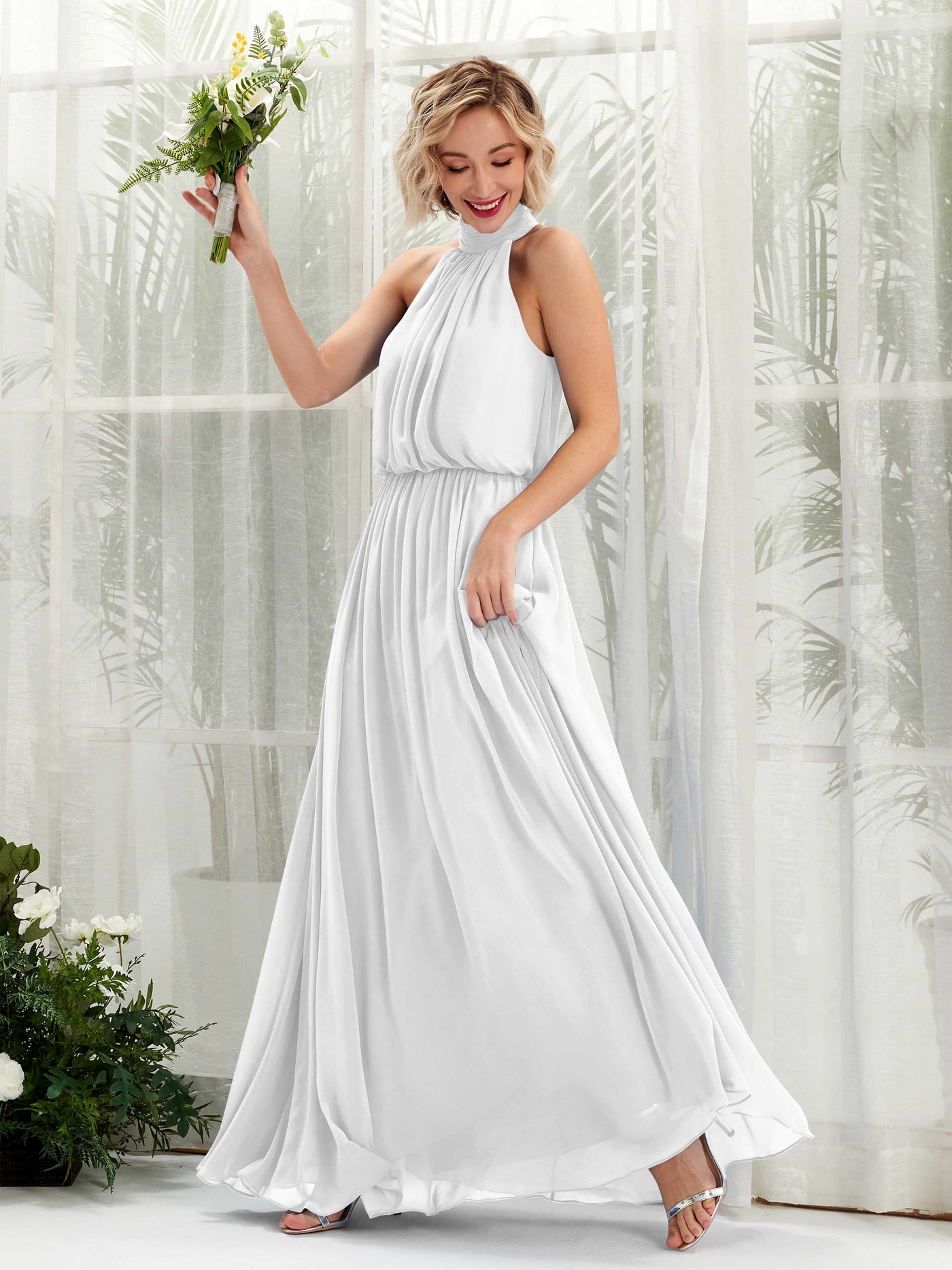 Halter Sleeveless Chiffon Bridesmaid Dress - White (81222942)#color_white